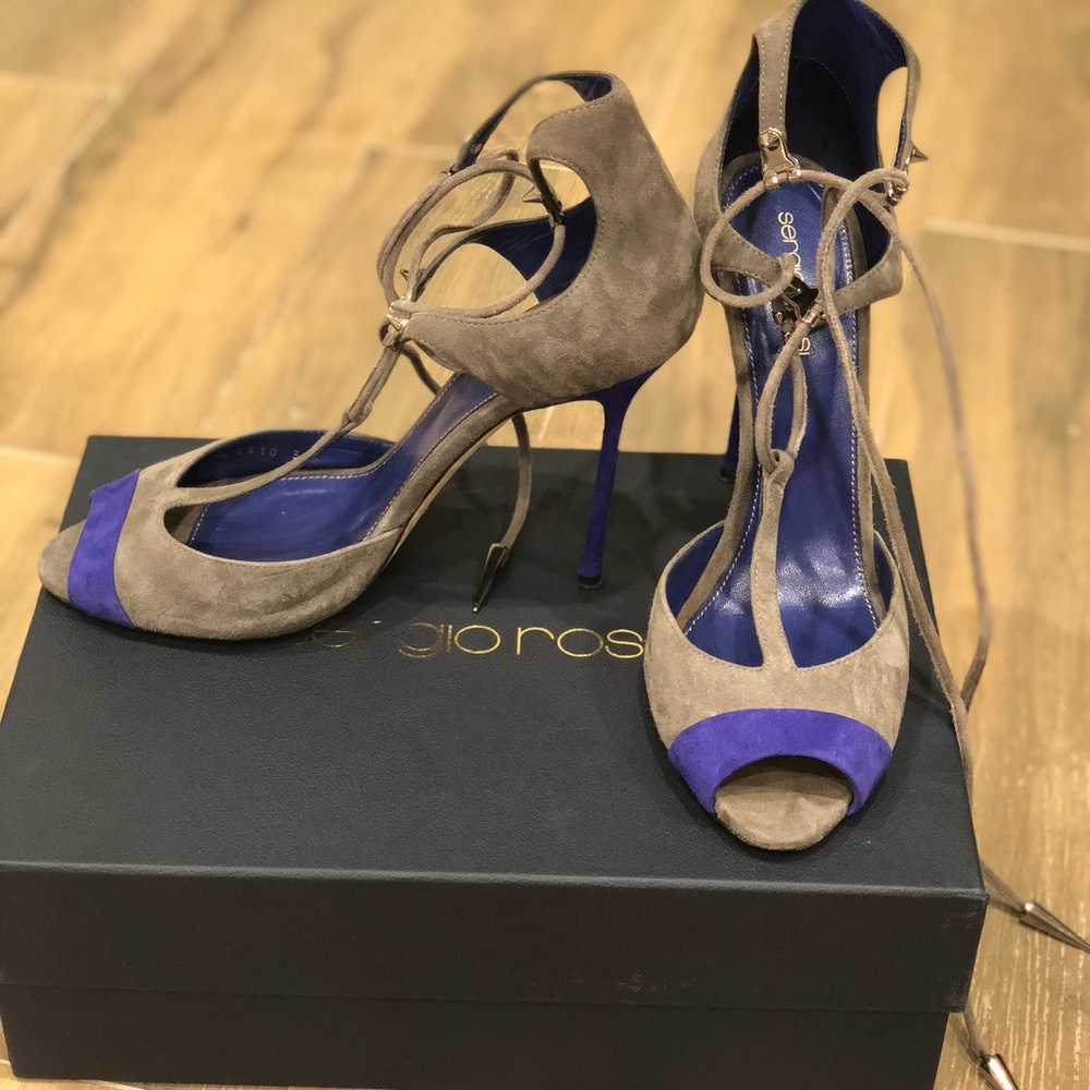 Sergio Rossi Grey And Purple Suede Open Toe Heel.